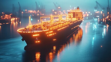 Obraz premium Illuminated cargo ship navigating through foggy waters at dusk.
