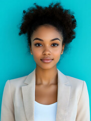 Female portrait ID card photo on blue background