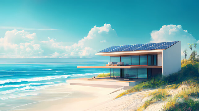 A modern beach home with solar panels lining the roof, bathed in sunlight with a gentle ocean breeze in the background. Zephyrine. Illustration