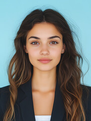 Female portrait ID card photo on blue background