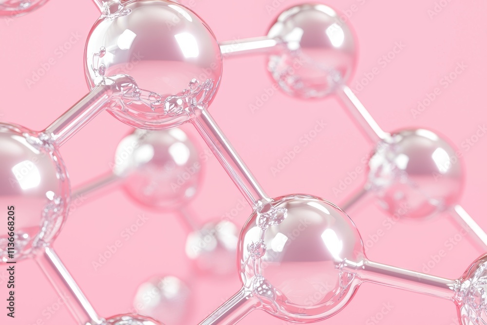 Poster a close-up view of interconnected transparent spheres on a pink background, illustrating molecular s
