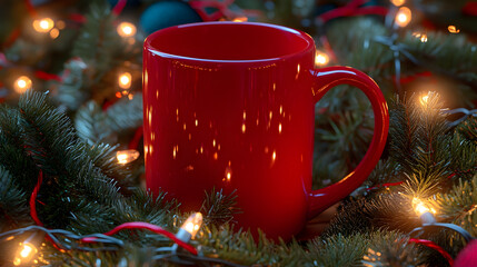 A warm and inviting scene featuring a red coffee cup nestled among pine tree branches, surrounded by twinkling Christmas lights that create a cozy and festive atmosphere