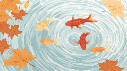 Obraz premium School of goldfish swimming a pond with ripples and leaves 
