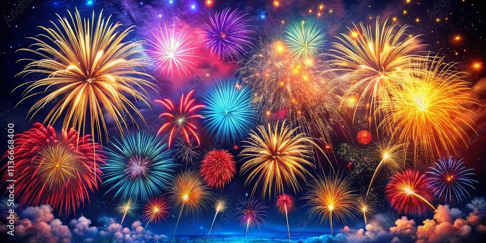 Poster vibrant fireworks design element with dynamic colors and patterns, set against a dark night sky, per