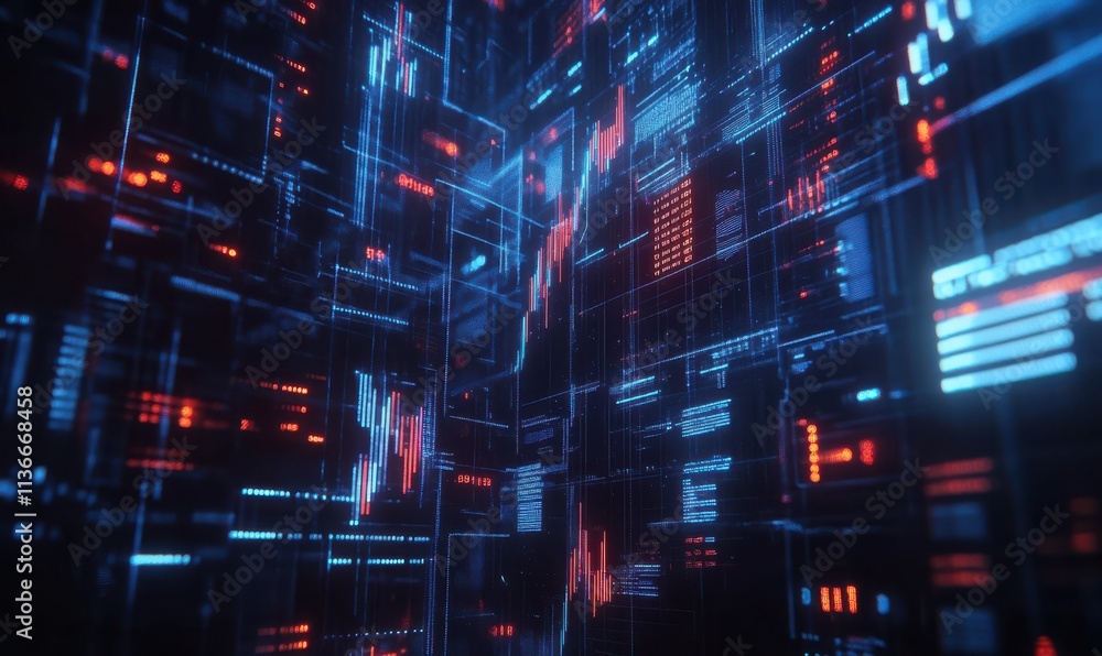 Poster a vibrant digital landscape filled with glowing lines and grids, representing data flow and technolo