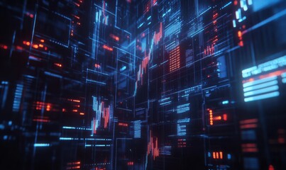 Obraz premium A vibrant digital landscape filled with glowing lines and grids, representing data flow and technology in a futuristic setting.