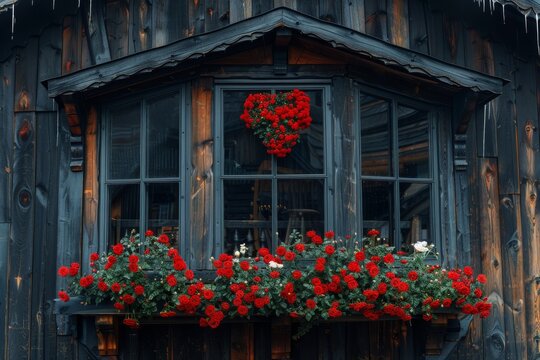 Charming wooden house featuring a heart-shaped floral decoration and vibrant red flowers in the window box during late afternoon