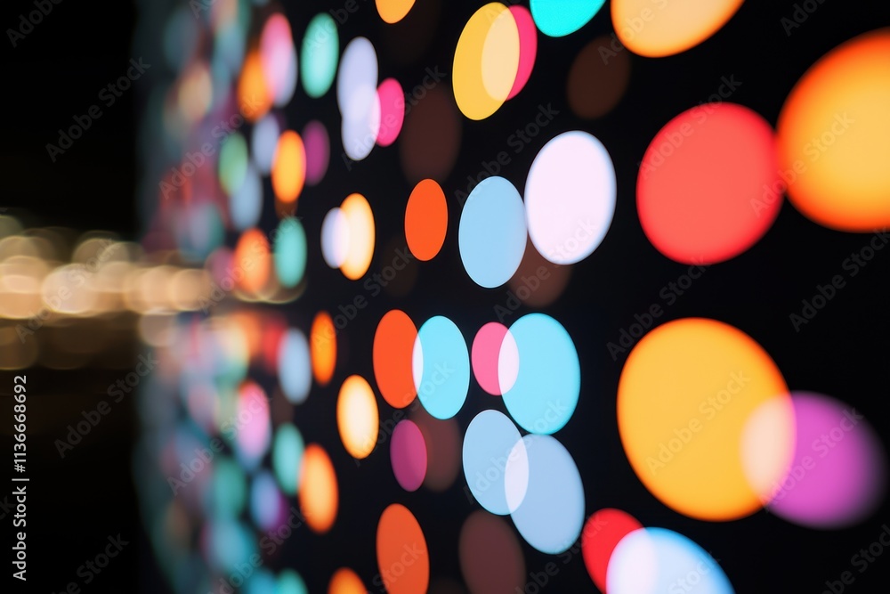 Poster a vibrant display of colorful circular lights against a dark background, creating a lively and abstr