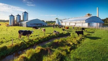 Dairy Farm Landscape: Cows Grazing in Serene Pastoral Setting
