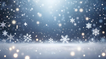 Winter snowflakes on blue white watercolor festive background. Banner for Christmas or New Year design, decor holidays concept with space for text.