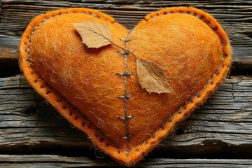 Colorful handmade orange felt heart pillow with leaves on rustic wooden background