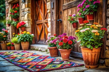 Fototapeta premium Vibrant Flower Pots and Colorful Rug in Front of a Rustic Wooden Door Captured in Tilt-Shift Photography for a Playful, Miniature Effect