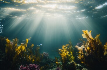A magnificent and colorful underwater landscape with corals, fish, a scuba diver, and sunlight streaming through