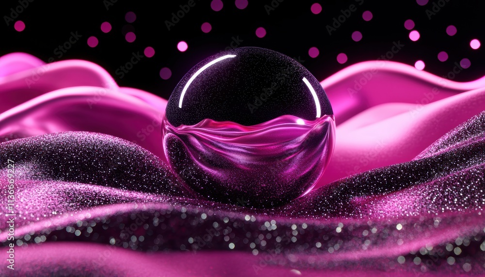 Aufkleber a close-up of a shimmering, translucent sphere resting on a vibrant pink fabric, surrounded by spark