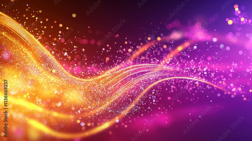 Poster a vibrant abstract background featuring flowing waves of multicolored light and shimmering particles