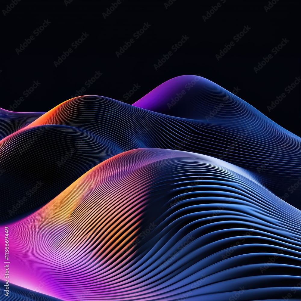 Poster abstract waves with vibrant colors create a dynamic, flowing landscape against a dark background, ev