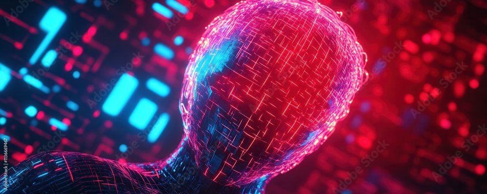 Poster a digital humanoid figure with a glowing, abstract design in vibrant red and blue hues, set against 