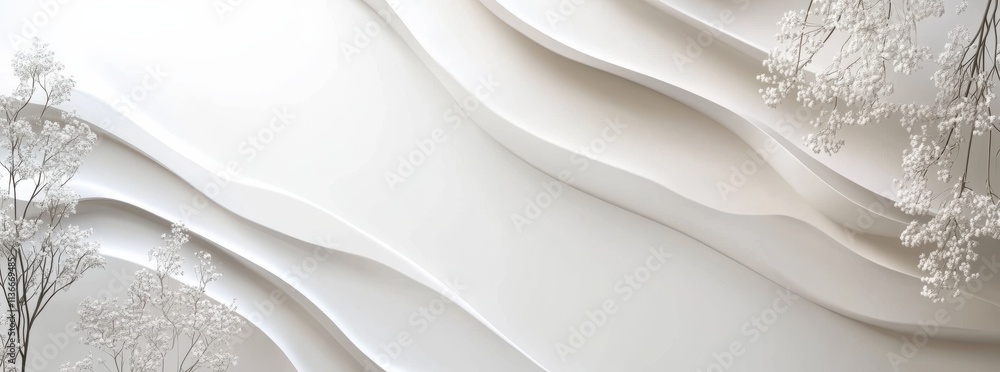 Poster a serene, abstract design featuring flowing white waves and delicate floral patterns, creating a cal