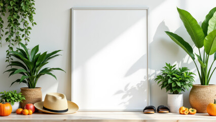 Summer Friday table with whiteboard, potted plants, straw hat, and seasonal fruits like apples and pumpkins on a wooden surface.