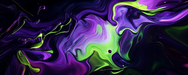 Abstract background with neon purple and glowing green paint swirls, creating a captivating fluid design.