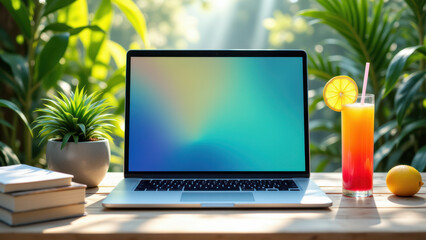 Laptop on a desk near tropical fruits and a drink for a relaxing work atmosphere during summer Fridays.