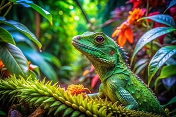 Obraz premium Vibrant Green Lizard Camouflaged in the Lush Jungle of Borneo Surrounded by Rich Flora and Unique Wildlife, Perfect for Urban Exploration Photography Enthusiasts