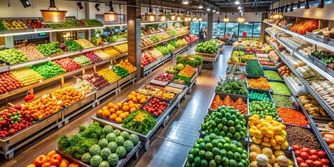Fototapeta premium Vibrant Grocery Store Aisle Filled with Fresh Fruits, Vegetables, and a Variety of Drinks for a Healthy Lifestyle and Culinary Delight