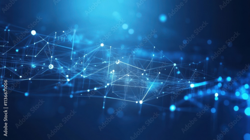 Poster a vibrant, abstract representation of interconnected lines and nodes in a blue digital landscape, sy