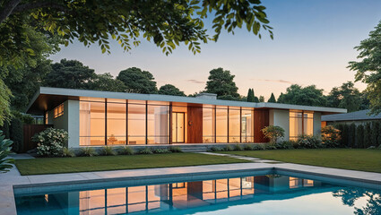 "A mid-century modern house with clean lines and large glass windows, surrounded by lush greenery, featuring a flat roof and wooden accents, illuminated by soft, golden sunlight at dusk, with a tranqu