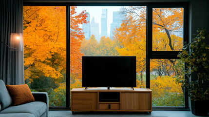Autumnal Living Room View: A cozy living room with a large window framing a breathtaking view of fall foliage. The vibrant orange and yellow leaves create a warm and inviting atmosphere.