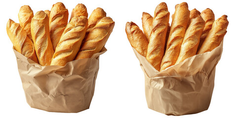 baked bread stick in paper bucket on transparent background