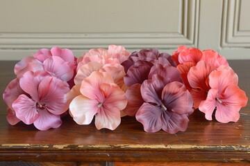 Collection of vibrant artificial flowers arranged on a wooden surface
