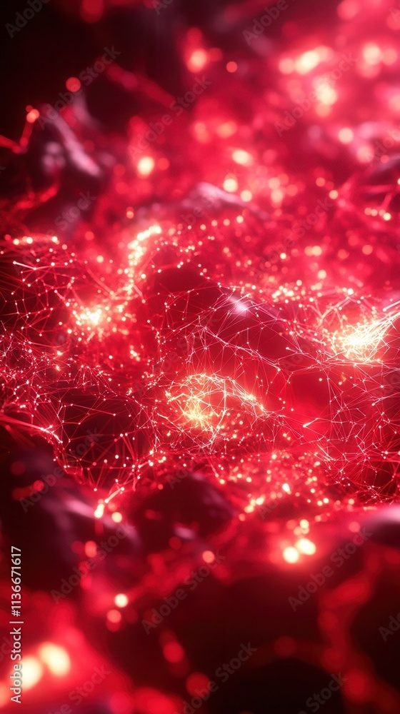 Poster an abstract depiction of vibrant red luminous patterns resembling cosmic or digital structures, evok