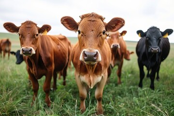 Fototapeta premium Cows grazing in a green pasture on a cloudy day, highlighting farm life and animal care