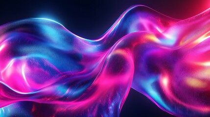 Abstract background with neon pink, blue, and purple liquid flow, featuring a hyper-realistic and shiny holographic texture.