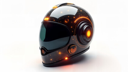 An Intricate Illustration of a Futuristic Helmet Adorned with Glowing Patterns and Symbols Placed Against a Stark White Background for Bold Contrast