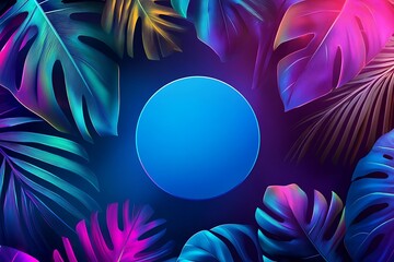 Abstract background with neon tropical leaves and colorful lighting, featuring a large blue circle in the center for text.