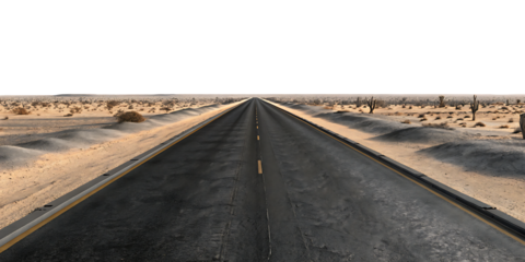 empty straight asphalt road in the desert isolated on white background.AI GENERATED