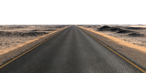 empty straight asphalt road in the desert isolated on white background.AI GENERATED