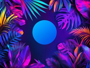 Abstract background with neon tropical foliage and colorful illumination, with a central blue circle for text.