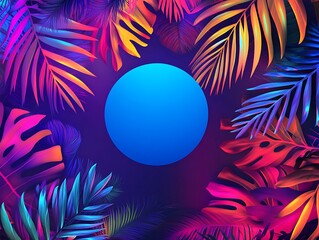 Abstract background with neon tropical foliage and colorful illumination, with a central blue circle for text.