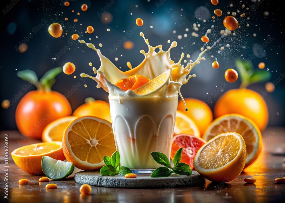 Poster vibrant milkshake with exploding orange slices creating a splash of color and refreshment in a capti