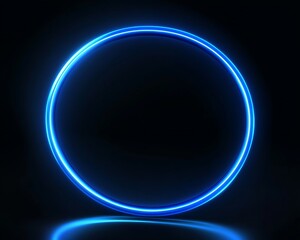 Abstract blue neon ring with smooth light effects on a dark black background, offering a sleek and futuristic design for banners.