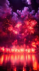 A vibrant display of red fireworks bursts against a dark sky, reflecting beautifully on a calm water surface.