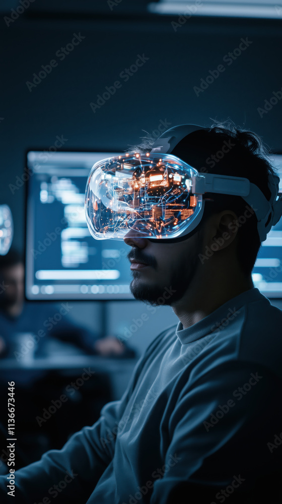 Poster man wearing futuristic vr headset in tech workspace with holographic visuals