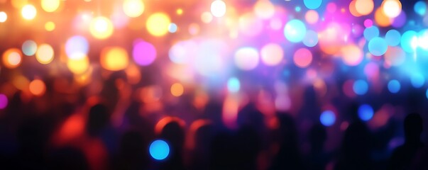 Abstract concert atmosphere with blurred neon lights and colorful bokeh, featuring silhouettes of a dynamic dancing crowd.
