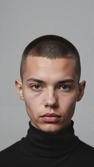Fototapeta premium Young caucasian male with buzz cut wearing black turtleneck