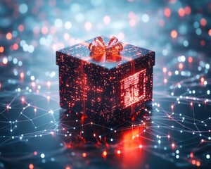 A digital gift box glows amidst a colorful, vibrant, and futuristic backdrop.