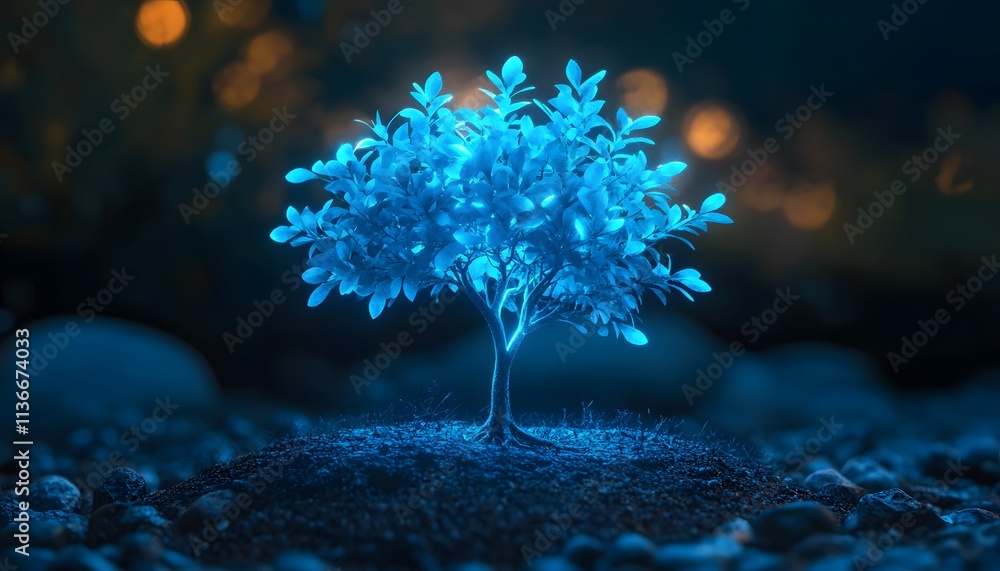 Poster Ethereal Blue Tree Glowing with Soft Light in a Mystical Setting Surrounded by Stones and Bokeh, Symbolizing Nature's Beauty and Serenity