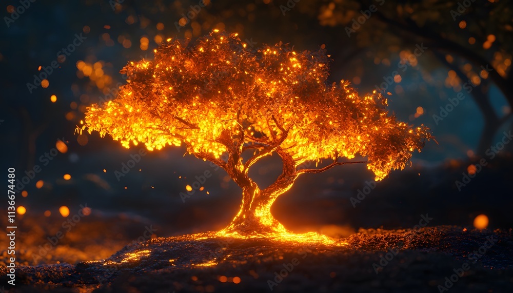 Poster Glowing Tree in Enchanted Forest at Dusk with Magical Light Effects Creating a Mystical Atmosphere for Fantasy and Nature Themes